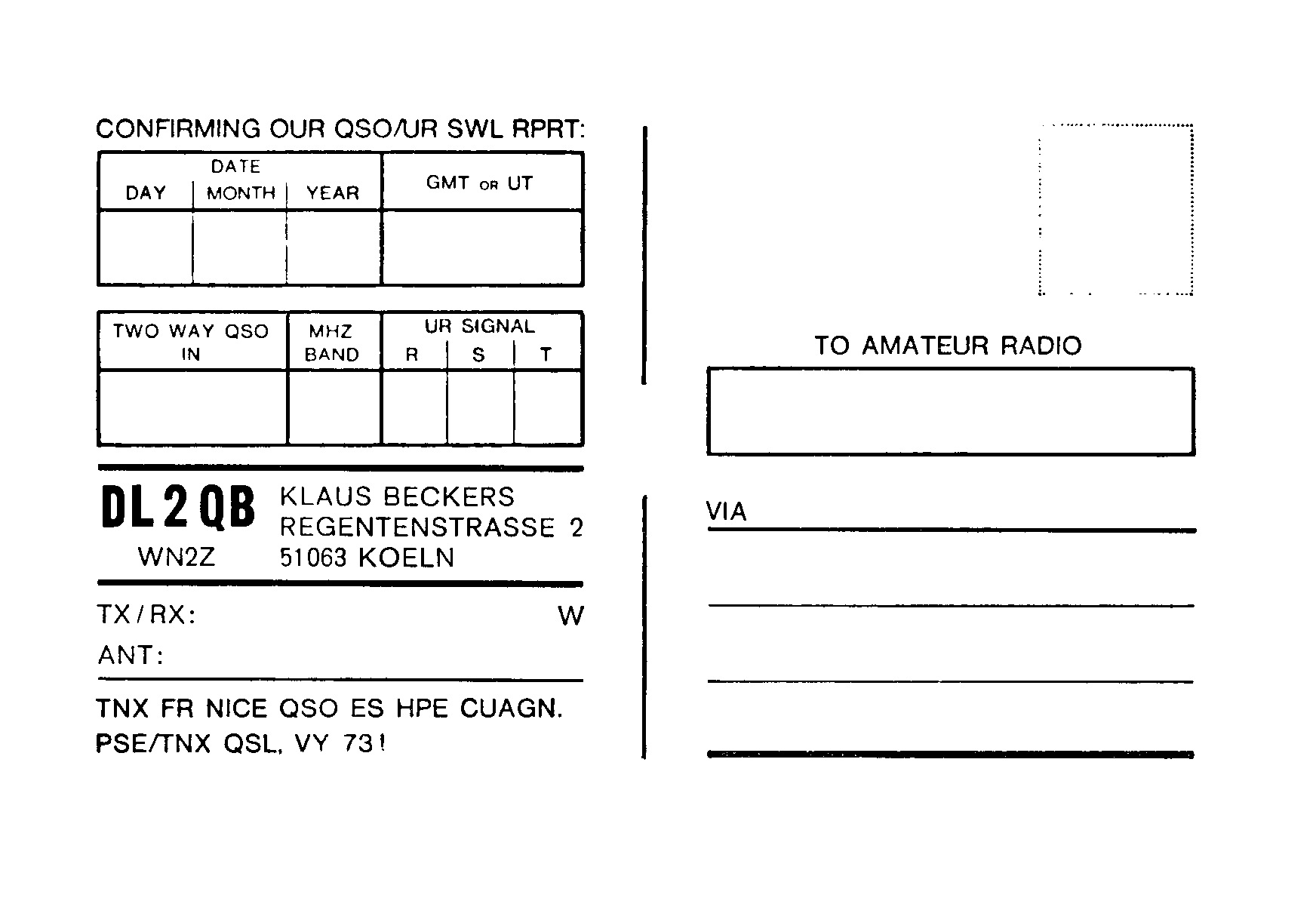 Rckseite der QSL-Karte mit den Feldern zum Eintragen der Daten